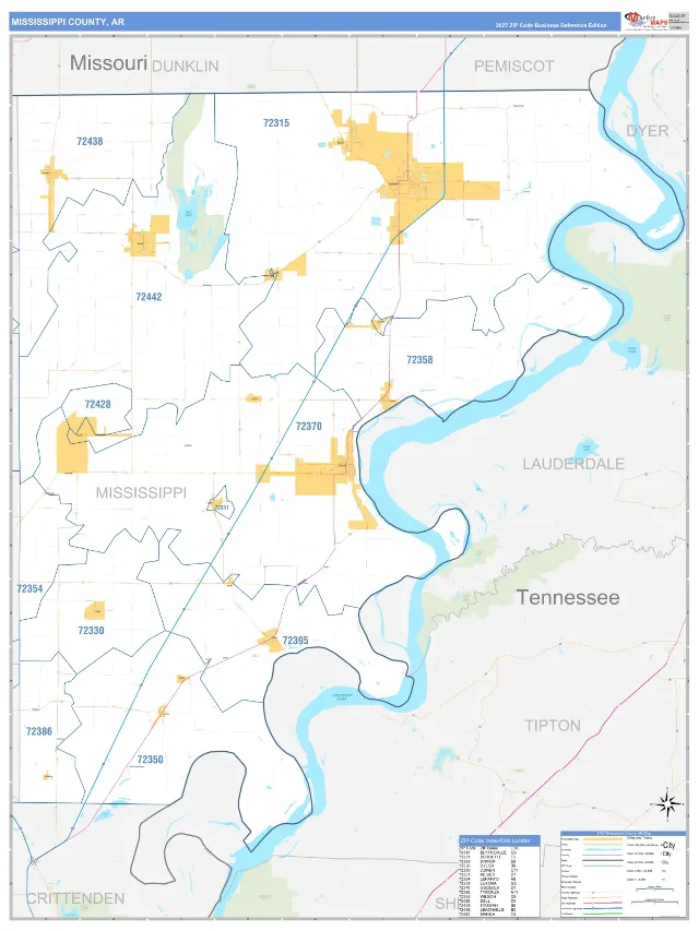 Mississippi County, AR ZIP Code Wall Map, Business Reference style