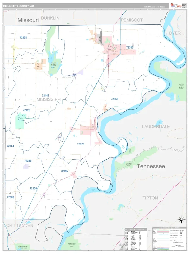 Mississippi County, AR ZIP Code Wall Map, Classic style