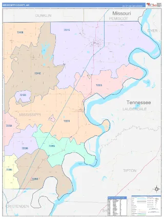 Mississippi County, AR ColorCast style ZIP Code wall map