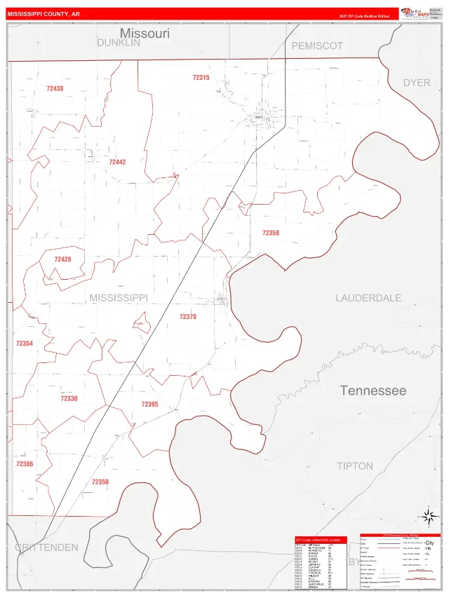 Mississippi County, AR ZIP Code Wall Map, RedLine style