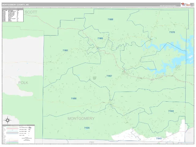 Montgomery County, AR ZIP Code Wall Map, Classic style