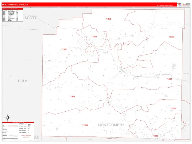 Montgomery County, AR ZIP Code Wall Map, RedLine style