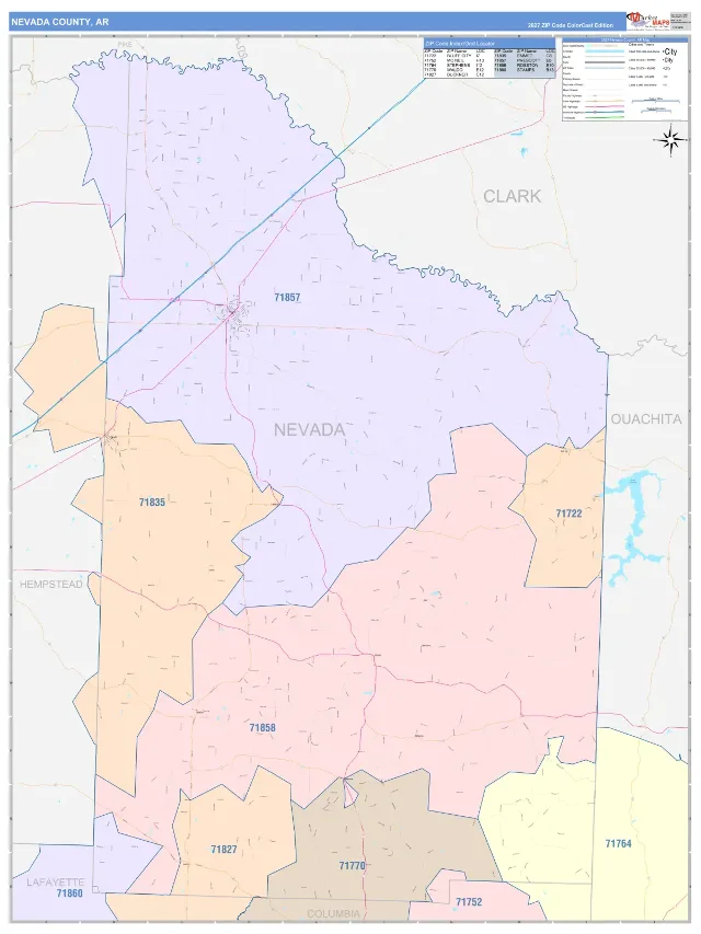 Nevada County, AR ZIP Code Wall Map, ColorCast style