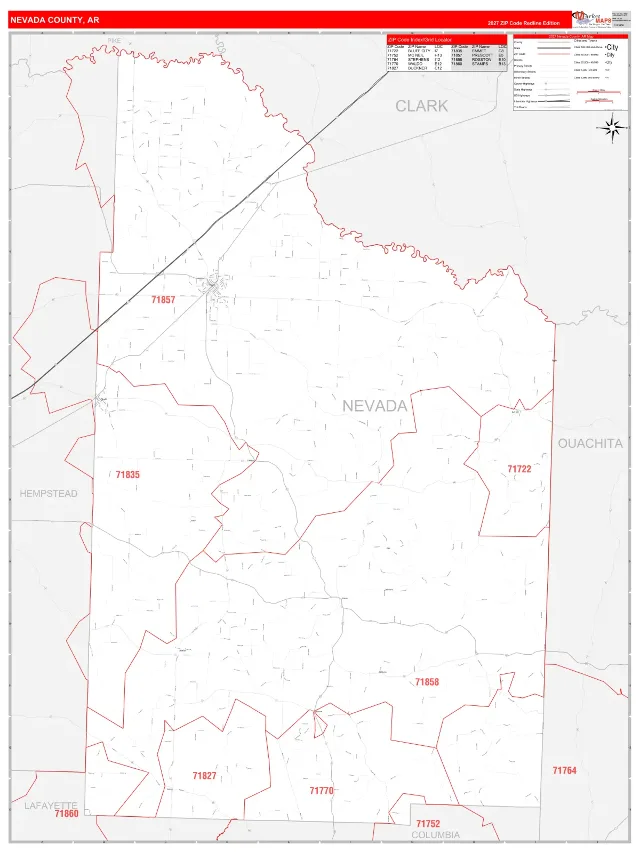 Nevada County, AR ZIP Code Wall Map, RedLine style
