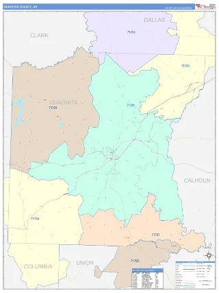Ouachita County, AR ColorCast style ZIP Code wall map