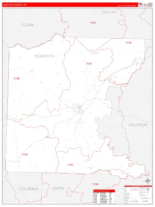 Ouachita County, AR RedLine style ZIP Code wall map