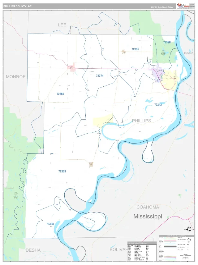 Phillips County, AR ZIP Code Wall Map, Classic style