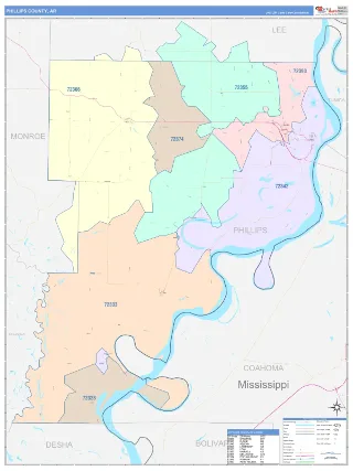 Phillips County, AR ColorCast style ZIP Code wall map