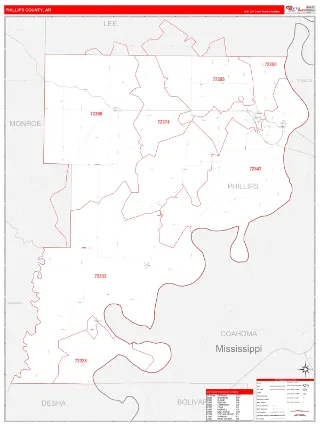 Phillips County, AR RedLine style ZIP Code wall map