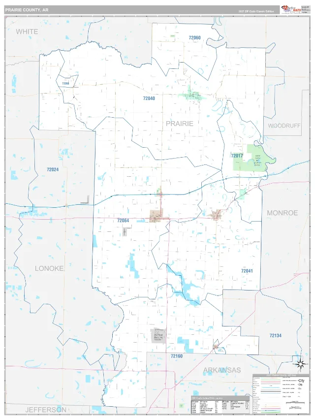 Prairie County, AR ZIP Code Wall Map, Classic style