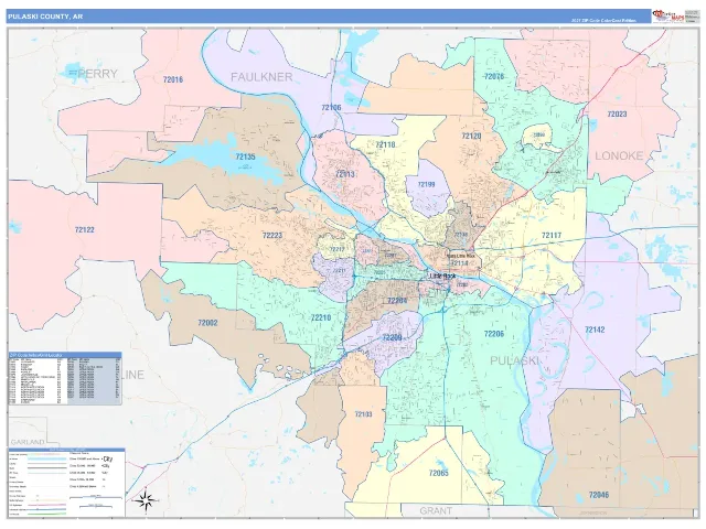 Pulaski County, AR ZIP Code Wall Map, ColorCast style