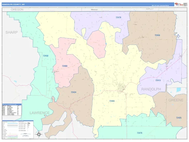 Randolph County, AR ZIP Code Wall Map, ColorCast style