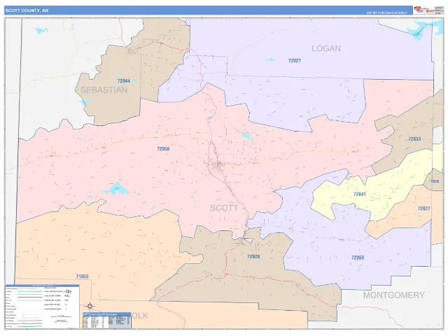 Scott County, AR ZIP Code Wall Map, ColorCast style