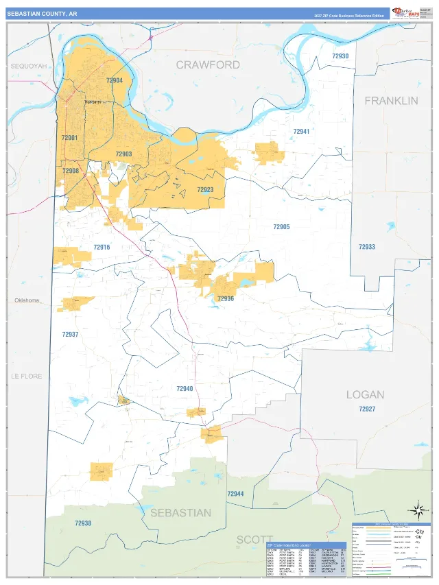 Sebastian County, AR ZIP Code Wall Map, Business Reference style
