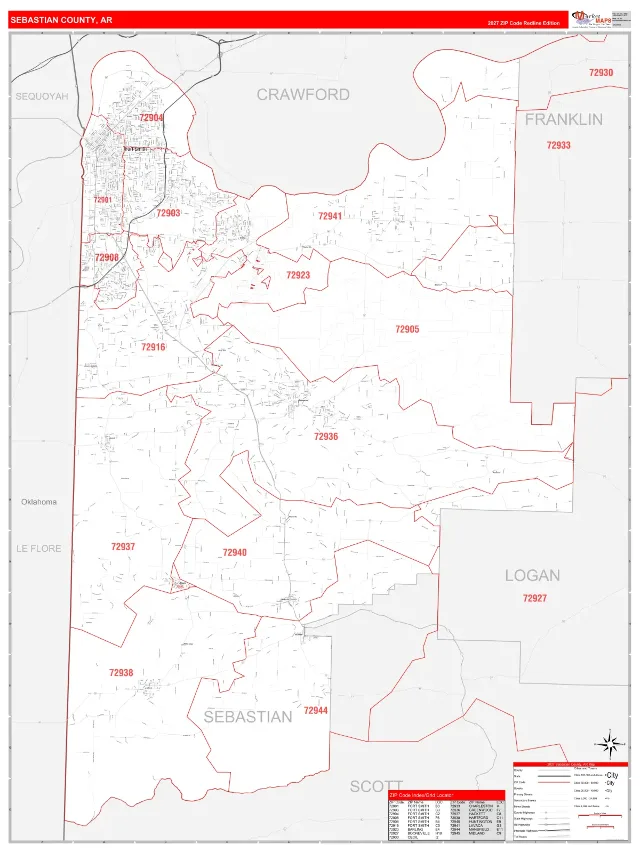 Sebastian County, AR ZIP Code Wall Map, RedLine style