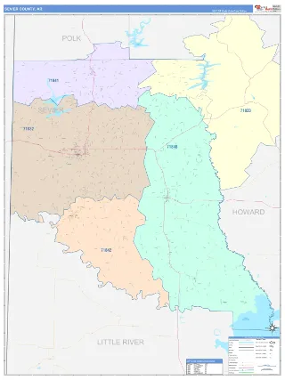 Sevier County, AR ColorCast style ZIP Code wall map