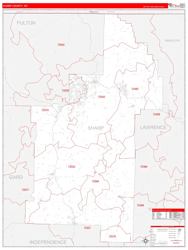 Sharp County, AR ZIP Code Wall Map, RedLine style