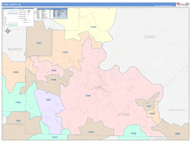 Stone County, AR ZIP Code Wall Map, ColorCast style