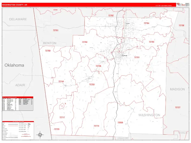 Washington County, AR ZIP Code Wall Map, RedLine style
