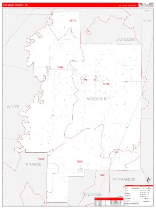 Woodruff County, AR RedLine style ZIP Code wall map