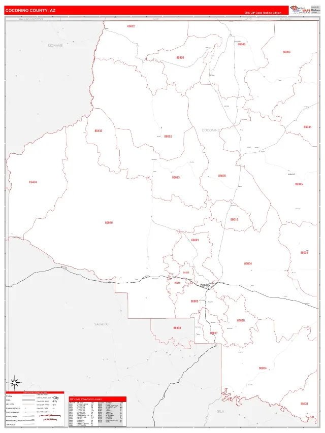 Coconino County, AZ ZIP Code Wall Map, RedLine style