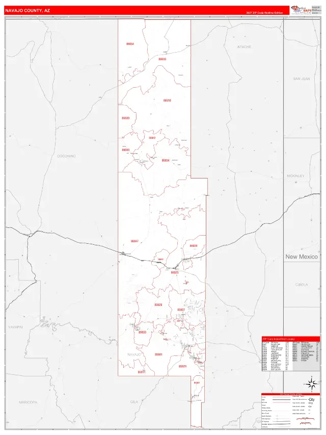 Navajo County, AZ ZIP Code Wall Map, RedLine style