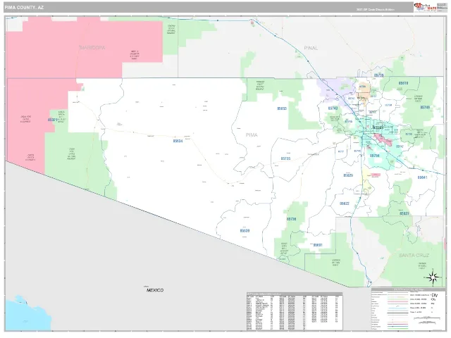 Pima County, AZ ZIP Code Wall Map, Classic style