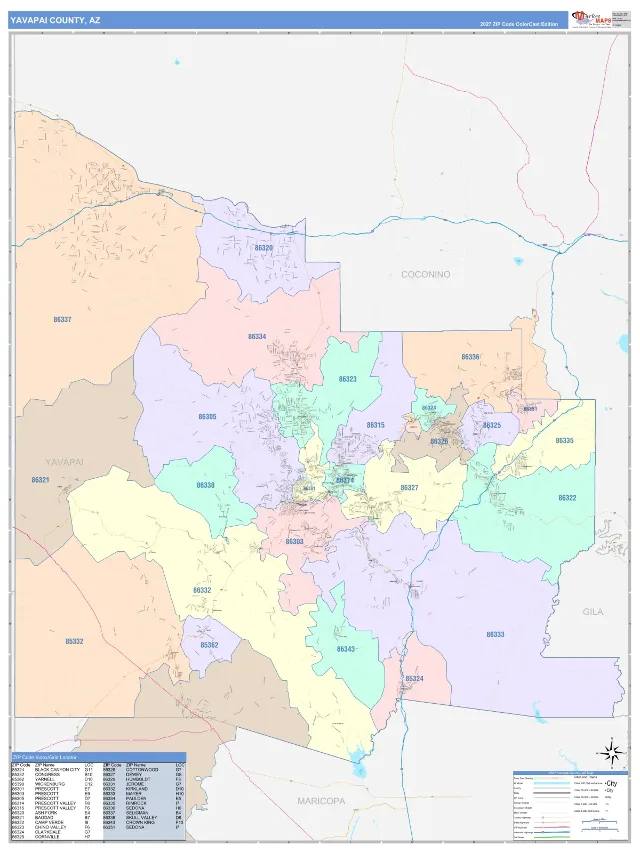 Yavapai County, AZ ZIP Code Wall Map, ColorCast style