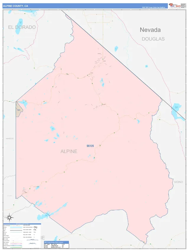 Alpine County, CA ZIP Code Wall Map, ColorCast style