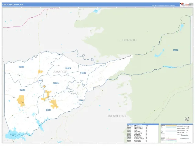 Amador County, CA ZIP Code Wall Map, Business Reference style