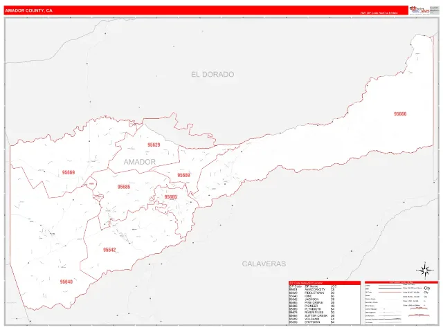 Amador County, CA ZIP Code Wall Map, RedLine style