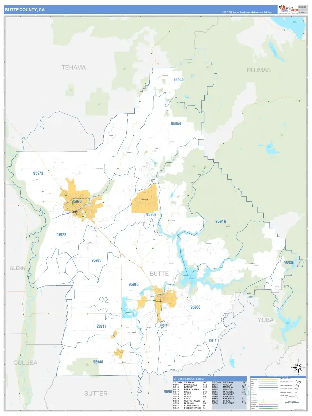 Butte County, CA ZIP Code Wall Map, Business Reference style