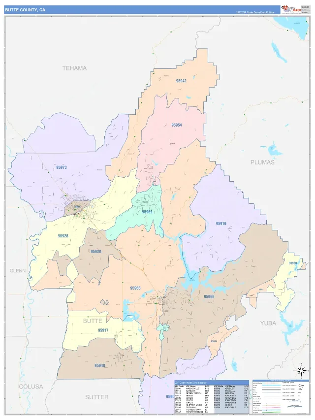 Butte County, CA ZIP Code Wall Map, ColorCast style