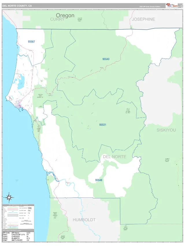 Del Norte County, CA ZIP Code Wall Map, Classic style