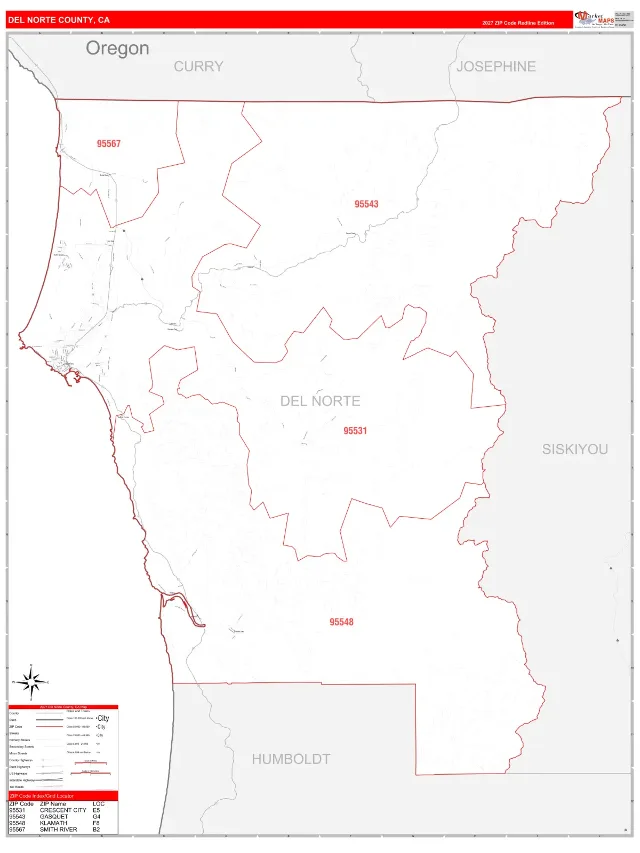 Del Norte County, CA ZIP Code Wall Map, RedLine style