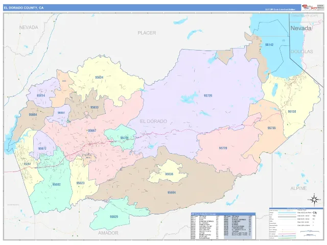 El Dorado County, CA ZIP Code Wall Map, ColorCast style