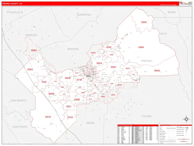 Fresno County, CA ZIP Code Wall Map, RedLine style