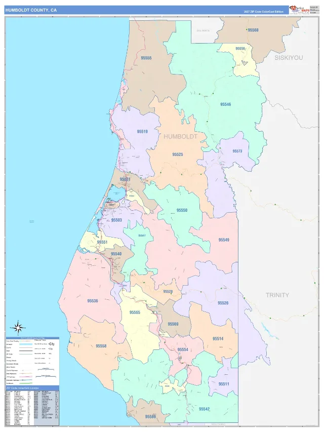 Humboldt County, CA ZIP Code Wall Map, ColorCast style