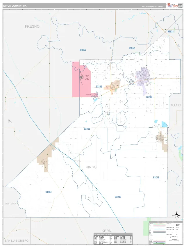 Kings County, CA ZIP Code Wall Map, Classic style