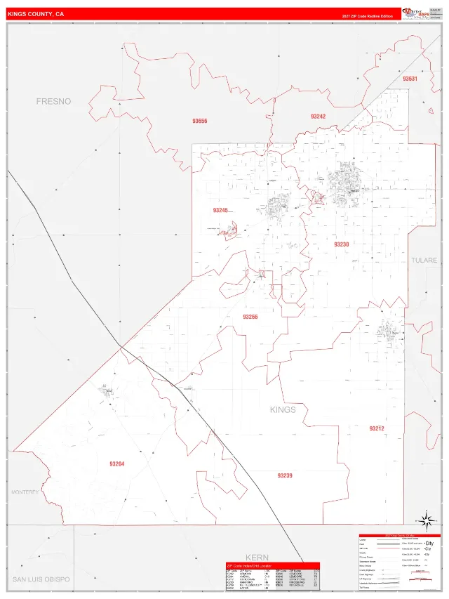 Kings County, CA ZIP Code Wall Map, RedLine style