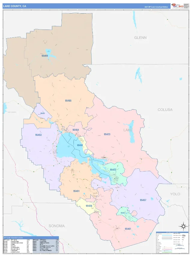 Lake County, CA ZIP Code Wall Map, ColorCast style