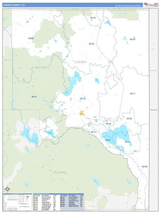 Lassen County, CA ZIP Code Wall Map, Business Reference style