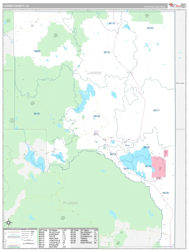 Lassen County, CA ZIP Code Wall Map, Classic style