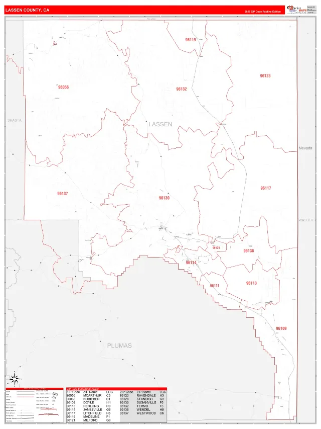 Lassen County, CA ZIP Code Wall Map, RedLine style