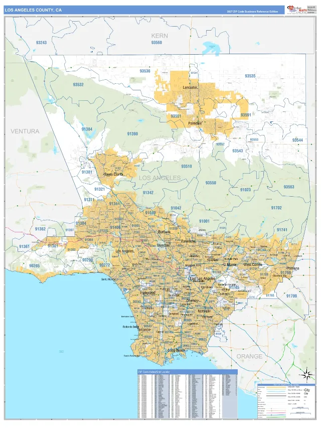 Los Angeles County, CA ZIP Code Wall Map, Business Reference style