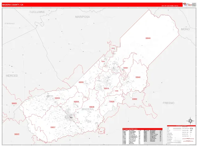 Madera County, CA ZIP Code Wall Map, RedLine style