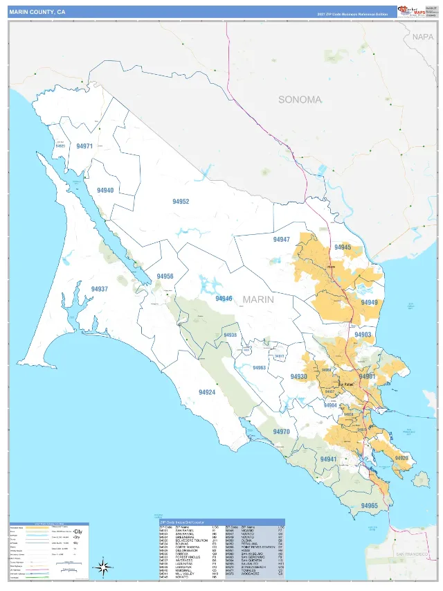 Marin County, CA ZIP Code Wall Map, Business Reference style