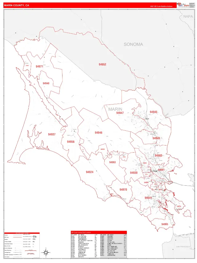 Marin County, CA ZIP Code Wall Map, RedLine style