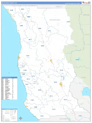 Mendocino County, CA Business Reference style ZIP Code wall map