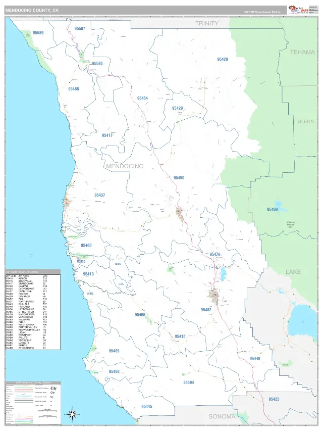 Mendocino County, CA ZIP Code Wall Map, Classic style
